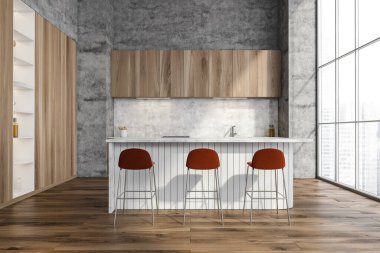 Modern panoramik mutfak, kahvaltı masası, kırmızı tabureler, gri duvarlar ve ahşap ve beton görünümlü tasarımlar. Parke zemin. Minimalist bir kavram. 3d oluşturma