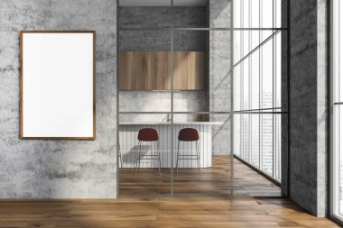 Modern mutfak koridorunda boş tuval ve kırmızı bar tabureleri. Şık tasarım, parke, çerçeve camı ve beton malzemeler. Minimalist bir kavram. Model yap. 3d oluşturma