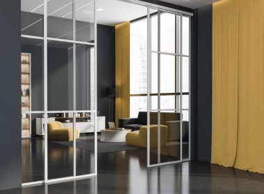 Beyaz çerçeveli cam bölümlü koridor, sarı perdeler, gri beton zemin ve oturma odası manzaralı. Modern iç tasarım konsepti. 3d oluşturma