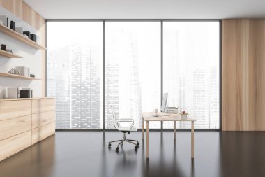 Minimalist idari ofis masası, hafif ahşap büfe ve duvar detaylarıyla dolu geniş bir ofis. Modern tasarım, panoramik pencere ve koyu gri beton zemin. 3d oluşturma