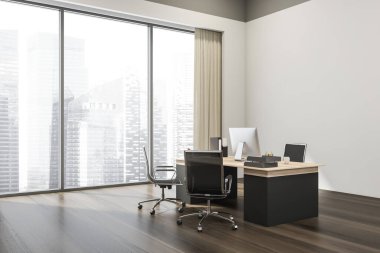 Açık bej ofis iç manzarası, yönetici çalışma alanı, ziyaretçiler için iki tekerlekli sandalye, koyu ahşap zemin ve perdeli panoramik pencere. Modern ofis konsepti. 3d oluşturma
