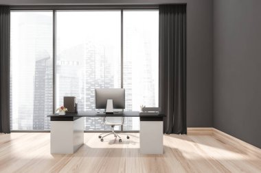 Gri ofis içi, beyaz ofis masası, siyah kapaklı, tekerlekli sandalye, panoramik pencere, perdeler ve açık ahşap zemin. Basit modern tasarım. İş yeri kavramı. 3d oluşturma