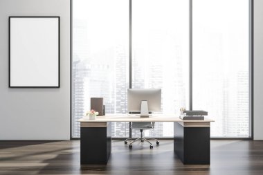 Panoramik ofis içinde boş tuval ve yönetici çalışma yeri. Beyaz ahşap tezgah, koyu renk parke zemin. Modern tasarım konsepti. 3d oluşturma