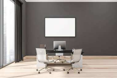 Gri ofis içinde yatay boş tuval yönetici çalışma yeri, üç tekerlekli sandalye, panoramik pencere, perde ve açık ahşap zemin. Modern tasarım konsepti. 3d oluşturma