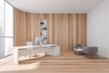 İçi beyaz masa ve masaüstüyle aydınlık ahşap yönetici odası sehpası ve parke zemini olan iki koltuk. Moskova 'nın penceresi. Boş duvar, 3 boyutlu görüntüleme