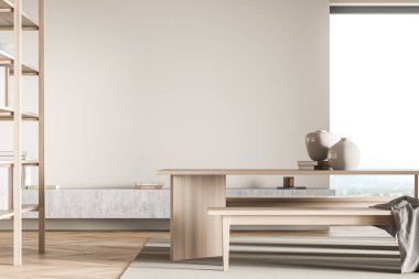 Modern iç tasarım manzarası, ev kütüphanesinde masa, kapalı bank, boş bej duvar ve parke ile panoramik pencere. Yaşam alanı kavramı. Model yap. 3d oluşturma