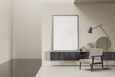 Klasik gri koltuklu modern oturma odası dekorasyonu ve siyah lambasıyla klozet. Minimalist dinlenme, beton zeminde okuma odası. Boşluk kopyalama alanı çerçevesi, 3B oluşturma
