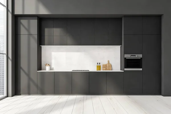 Minimalistyczne Czarne Wnętrze Kuchni Białym Backsplash Blatem Roboczym Zintegrowany Sprzęt — Zdjęcie stockowe