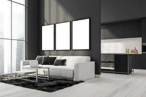 三幅空白的油画 在灰色和白色的客厅里 有明亮的木地板 地毯和咖啡桌 厨房的内部背景 现代设计的概念 角落的观点 把它弄坏了3D渲染 — 图库照片