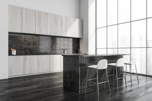 Roh Moderní Kuchyně Černého Bílého Dřeva Panoramatickým Výhledem Snídaňovým Barem — Stock fotografie