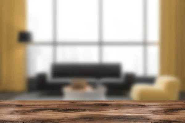 Holztisch Auf Verschwommenem Hintergrund Modernes Grau Gelbes Wohnzimmer Konzept Der — Stockfoto