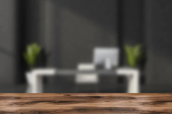 Tavolo Legno Con Ufficio Bianco Nero Sfocato Sullo Sfondo Design — Foto Stock