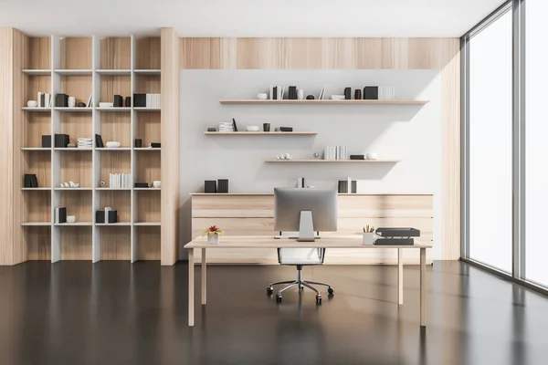 Creative light wood office interior design with simple desk in modern furniture set and white details tied up with grey concrete floor. Concept of empty working place. 3d rendering