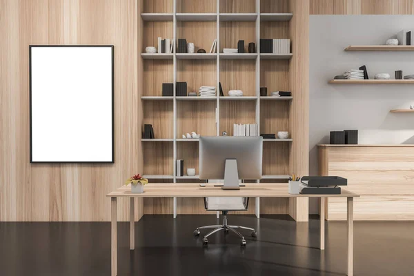 Empty Frame Creative Manager Office Interior Furniture Made Light Wood — Stock Photo, Image