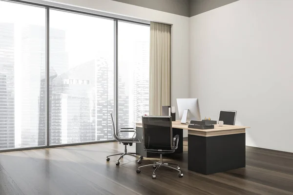 Corner View Light Beige Office Interior Manager Workspace Two Additional — Stock Photo, Image