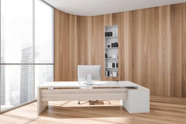 Light Wooden Manager Room Interior White Table Desktop Parquet Floor — Stock Photo, Image