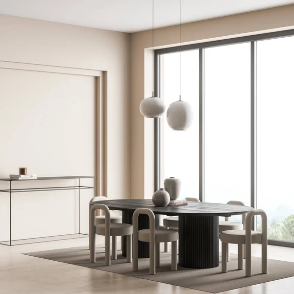 Panoramic dining room interior with oval table, five chairs and two pendant lights. Beige design, using frame sideboard unit and rug on concrete floor. Concept of modern house. 3d rendering