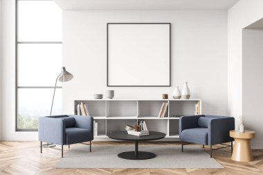 Beyaz oturma odası iç tasarımı için kare çerçeve mavi koltuklar, parke, raf, sehpa, halı ve dar pencere. Modern oturma alanı kavramı. Model yap. 3d oluşturma