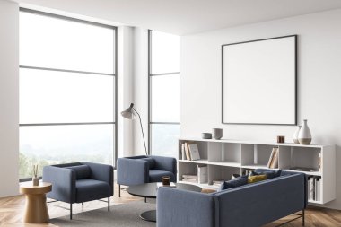 Oturma odasının iç tarafında mavi mobilya seti, kitaplık, iki sehpa, panoramik manzara, beyaz duvarlar ve parke zemin olan boş bir kare tuval. Modern ev tasarımı kavramı. 3d oluşturma