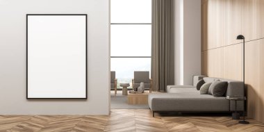 Duvardaki boş tuval ve oturma odasının içindeki bej kanepe parke zemin minimalist detaylar, sehpa ve arka planda iki koltuk. Moda tasarımı kavramı. Model yap. 3d oluşturma
