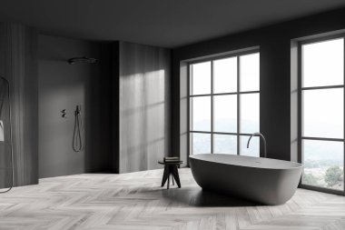 Koyu gri banyo içi oval seramik küvet ve pencerelerin yanındaki tabure, panoramik manzara, uygun duş alanı ve parke tarzı zemin. Modern tasarım kavramı. Köşe manzarası. 3d oluşturma