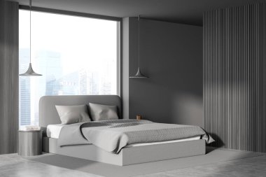 Karanlık yatak odasının iç tarafı panoramik pencereli Singapur şehir manzaralı, büyük yatak, yastık, halı ve beton zemin. Soğukluk ve rahatlama için minimalist tasarım kavramı. 3d oluşturma