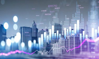 New York City gökdeleni şehir merkezi panoramik manzarası. Grafik, çubuk diyagramı ve ön planda çizgileri olan mali tablo. Megapolis borsasında ticaret kavramı