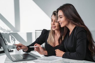 İki ofis kadını gülümsüyor, siyah elbiseler ve takım elbiseler giyiyorlar, bilgisayarları çalışma odasında, ekranı gösteriyorlar ve notlar alıyorlar. İş sekreteri ve takım çalışması kavramı