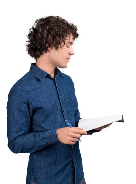 Vista Lateral Jovem Camisa Jeans Azul Com Cabelos Encaracolados Segurando — Fotografia de Stock