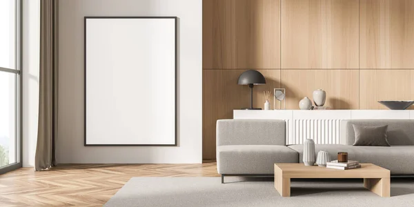 Empty canvas on wall in modern wooden living room interior with beige sofa, coffee table, sideboard and rug on parquet floor. On trend design concept. Mock up. 3d rendering