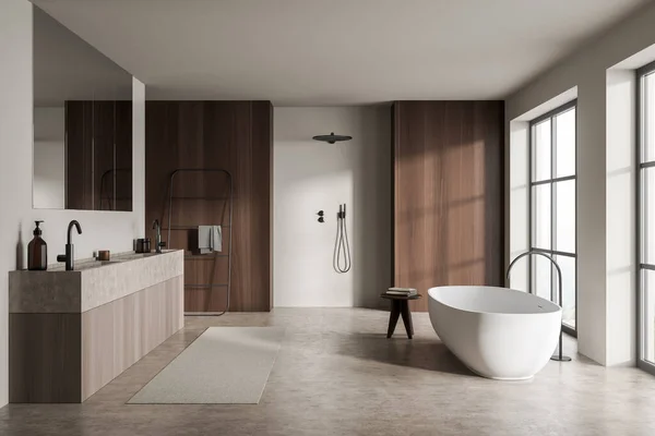 Offenes Badezimmer Mit Offener Dusche Dunklen Holzmaterialien Doppeltem Waschtisch Ovaler — Stockfoto