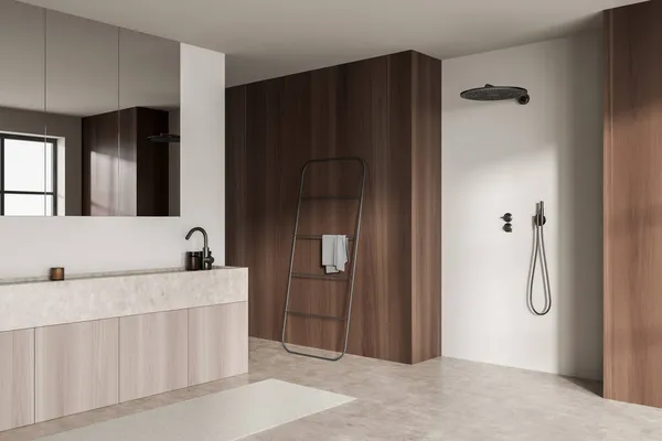 白と木製のシャワー付きのバスルーム コンクリート床にミラーとタオルレールはしごでシンクします モダンなスタイリッシュな浴室のインテリア 3Dレンダリング — ストック写真