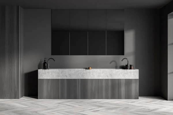 Badezimmer Mit Zwei Waschbecken Holzdesign Und Parkettboden Moderne Stilvolle Badezimmereinrichtung — Stockfoto