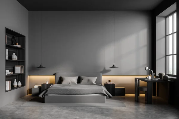 Stijlvol Slaapkamer Interieur Met Bed Art Plank Betonnen Vloer Tapijt — Stockfoto