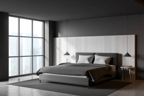 Dunkle Schlafzimmereinrichtung Mit Bettwäsche Und Kissen Auf Betonboden Hölzerne Nachttische — Stockfoto