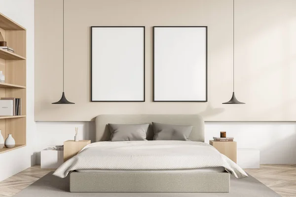 Interior Kamar Tidur Kayu Dengan Tempat Tidur Dan Linen Meja — Stok Foto