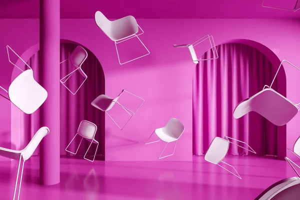 Many chairs float in the air of empty pink hall with arch doors and pink curtains with concrete floor. Concept of classroom or cafe. 3D rendering