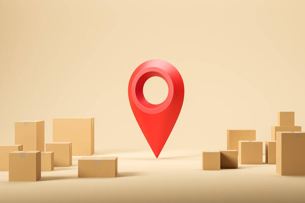 Closed cardboard boxes standing on a light floor near a large location mark. Concept of online orders, shopping, delivery and tracking of parcel. 3D rendering
