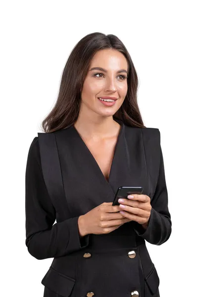 Retrato Una Joven Mujer Negocios Sonriente Positiva Atractiva Aislada Sobre —  Fotos de Stock