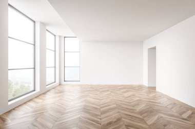 Ahşap ofis odası, parke zemin, birkaç panoramik pencereli boş uzay salonu, kırsal manzara. Boşluk boş duvarını kopyala, 3B oluşturma