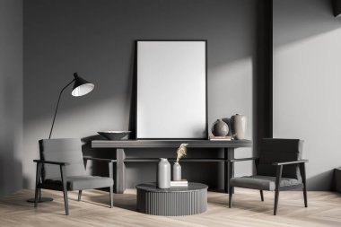 İçi karanlık, beyaz posterli, iki koltuk, sehpa, meşe ağacından parke zemin. Soğukluk ve rahatlama için minimalist tasarım kavramı. Model yap. 3d oluşturma