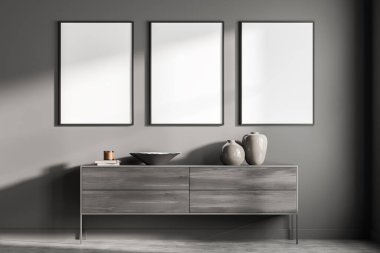 İçinde üç boş beyaz poster, büfe ve beton zemin olan karanlık bir galeri odası. Sergi ve sanat için minimalist tasarım kavramı. Model yap. 3d oluşturma