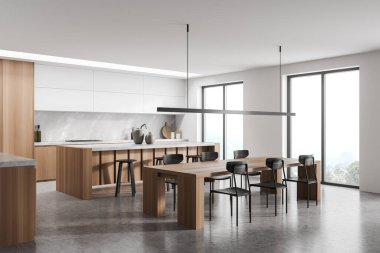 İç dizaynı beyaz ve gri renkli panoramik ahşap mutfak, yemek masası, ev barı ve beton zemin üzerindeki trend ışığı olarak kullanılıyor. Modern mutfak alanı kavramı. Köşe manzarası. 3d oluşturma