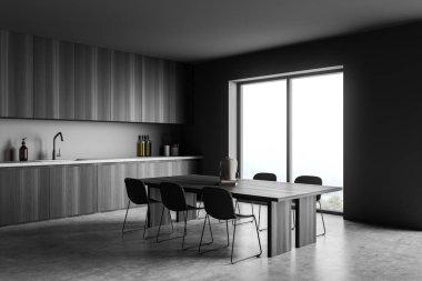 Mutfak dolabı, yemek masası, altı sandalye, beton zemin ve panoramik manzaralı koyu gri iç mekan. Ahşap malzemeler kullanarak modern basit tasarım. Minimalist bir kavram. 3d oluşturma
