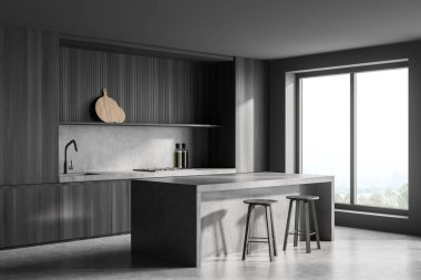 Karanlık mutfak odasının iç tarafında iki bar taburesi, dolap, bar tezgahı, beton zemin ve kırsal manzaralı panoramik pencere var. Çağdaş minimalist tasarım. 3d oluşturma
