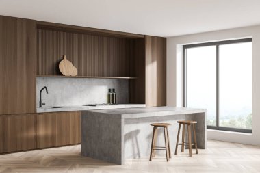 Parlak mutfak odasının iç tarafında iki bar taburesi, dolap, tezgah, meşe ağacından parke zemin ve kırsal manzaralı panoramik pencere var. Çağdaş minimalist tasarım. 3d oluşturma