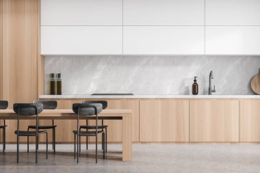 Dolabın üst kısmının beyaz olduğu şık bir ahşap mutfak, siyah sandalyeli yemek masası, açık gri mermer kaplama ve beton zemin. Modern iç tasarım kavramı. 3d oluşturma