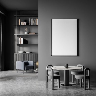 Gri yemek odasının içindeki küçük yuvarlak masalı boş tuval. Arka planda raf ünitesi olan mavi koltuk. Beton zemin. Modern yaşam alanı kavramı. Model yap. 3d oluşturma