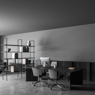Masaüstü, rahat koltuk, masa, kitaplar, kitaplık, lamba ve beton zemin ile karanlık ofis odasının iç manzarası. Çalışma süreci için mükemmel bir yer. Minimalist tasarım. 3d oluşturma