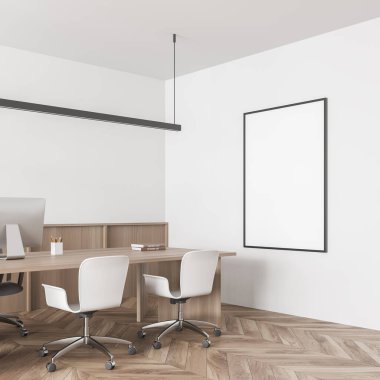 Ofis odasının iç tarafında boş beyaz poster, masaüstü, rahat koltuk, masa, kitaplar ve meşe ağacından parke zemin. Çalışma süreci için mükemmel bir yer. Minimalist tasarım. 3d oluşturma